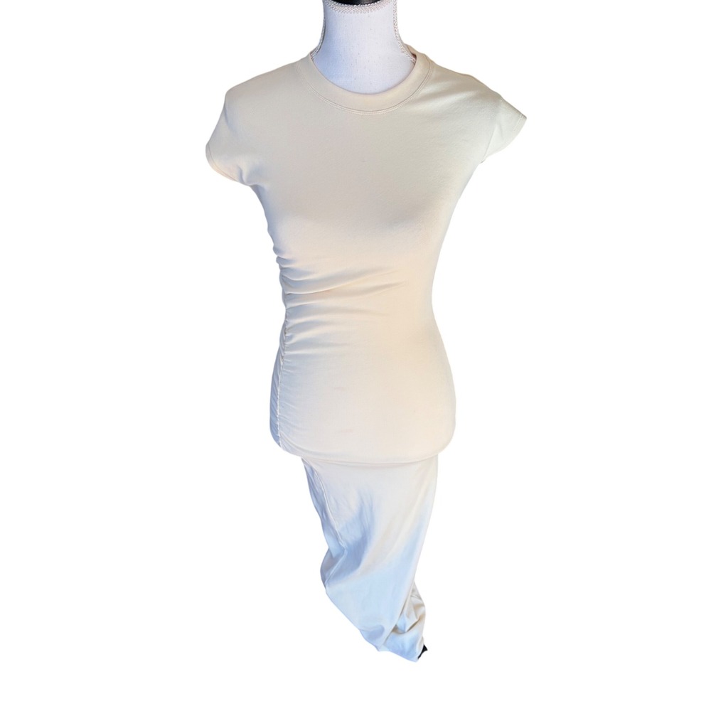Zara Cream Ribbed Ruched Short Sleeve Midi Bodycon Dress Small Neutral Minimalis